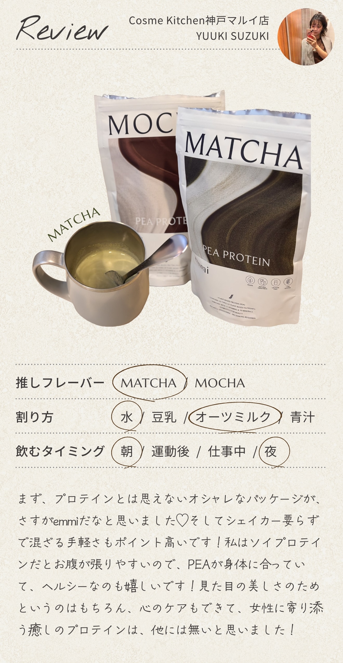 Cosme Kitchen 神戸マルイ店 YUUKI SUZUKI のレビュー。推しフレーバーは MATCHA、割り方は水・オーツミルク、飲むタイミングは朝・夜。まず、プロテインとは思えないオシャレなパッケージが、さすが emmi だと思いました。そしてシェイカー要らずで混ざる手軽さもポイント高いです。私はソイプロテインだとお腹が張りやすいので、PEA が身体に合っていて、ヘルシーなのも嬉しいです。見た目の美しさのためというのはもちろん、心のケアもできて、女性に寄り添う癒しのプロテインは、他には無いと思いました。