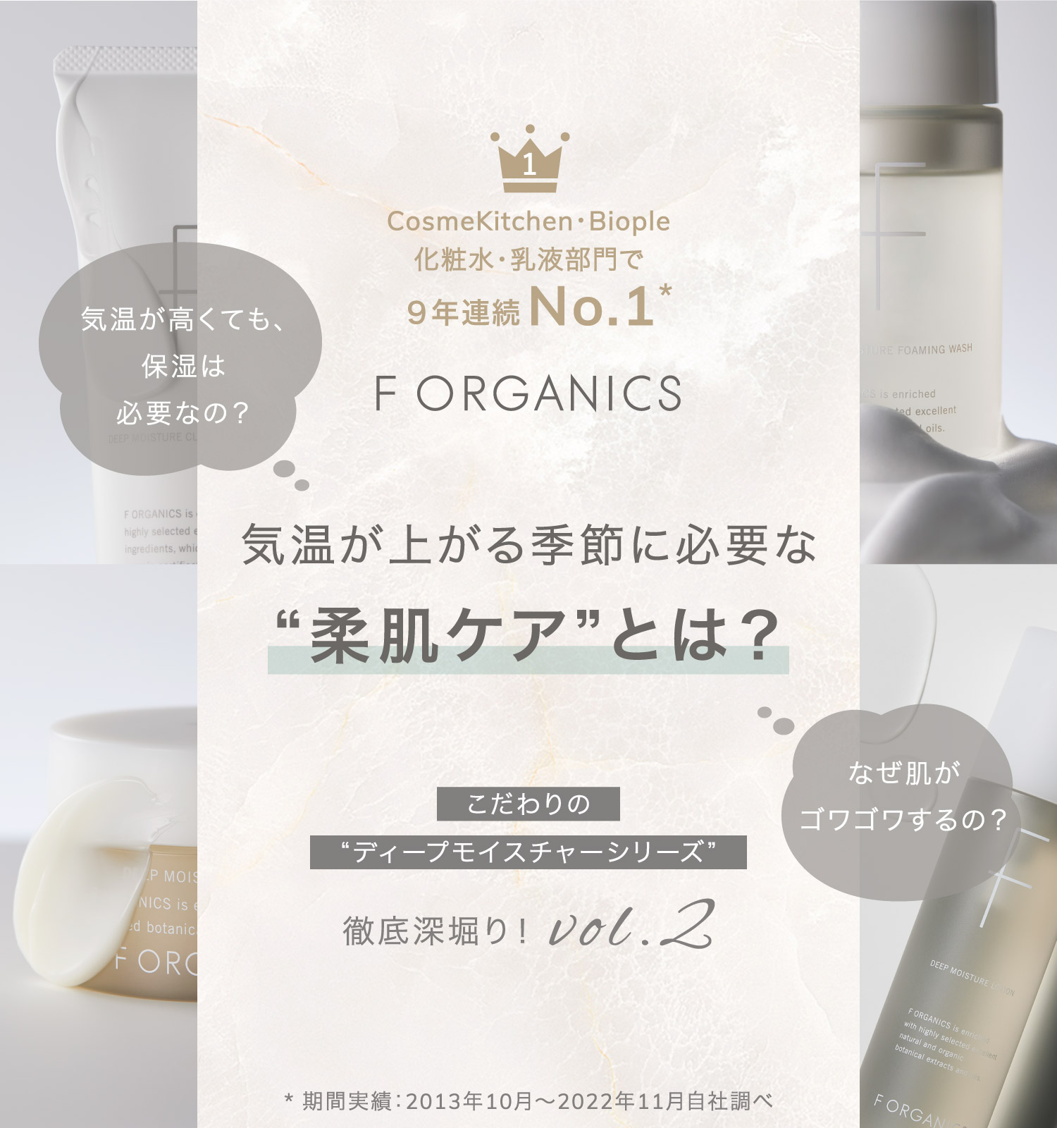 CosmeKitchen・Biople化粧水・乳液部門で９年連続No.1* F ORGANICS 気温が上がる季節に必要な “柔肌ケア”とは？ こだわりの“ディープモイスチャーシリーズ 徹底深堀り！vol.2 *期間実績：2013年10月～2022年11月自社調べ